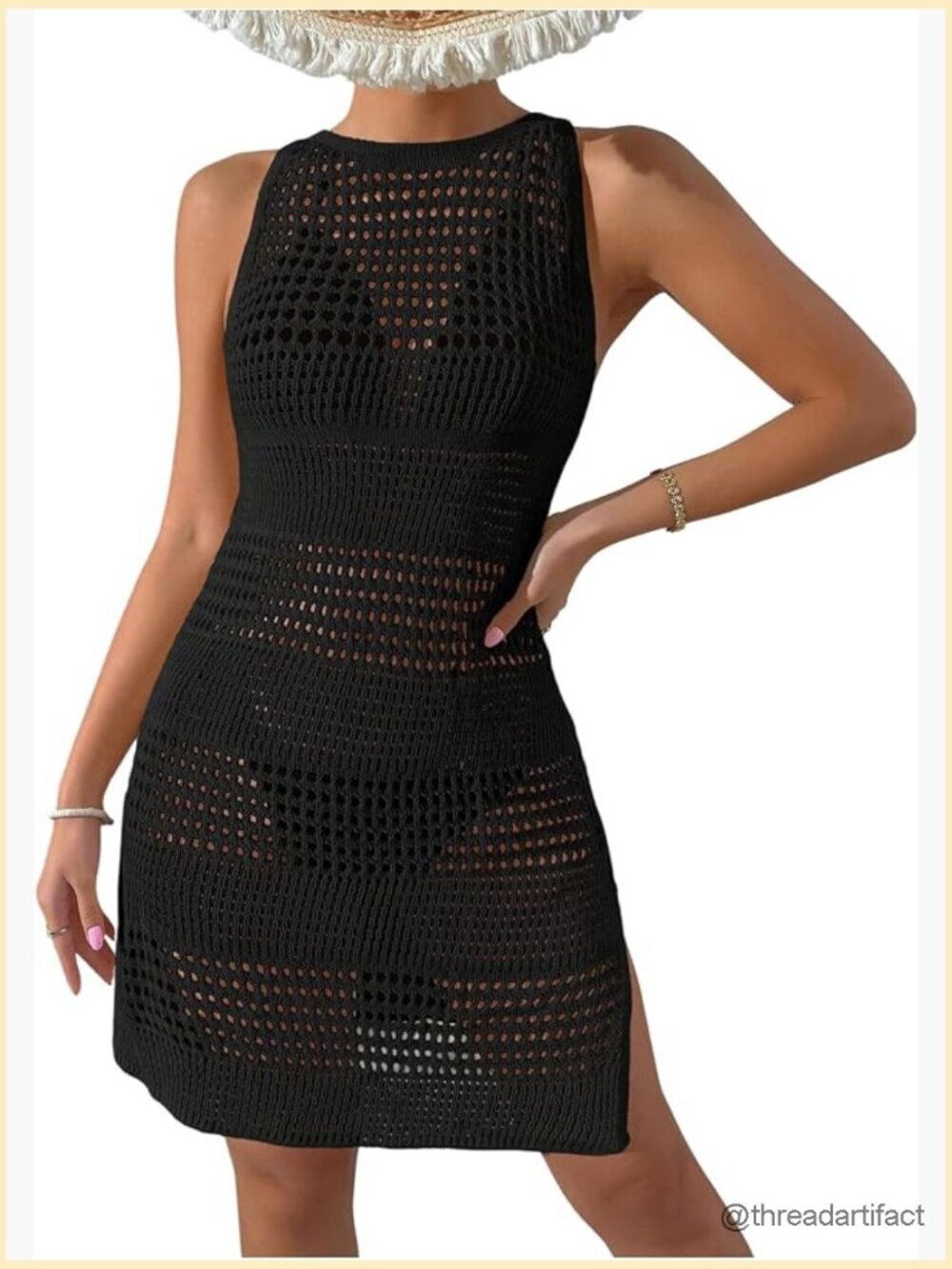 Women Crochet Bathing Suit Cover Up Sleeveless Hollow Out Open Back Side Slit